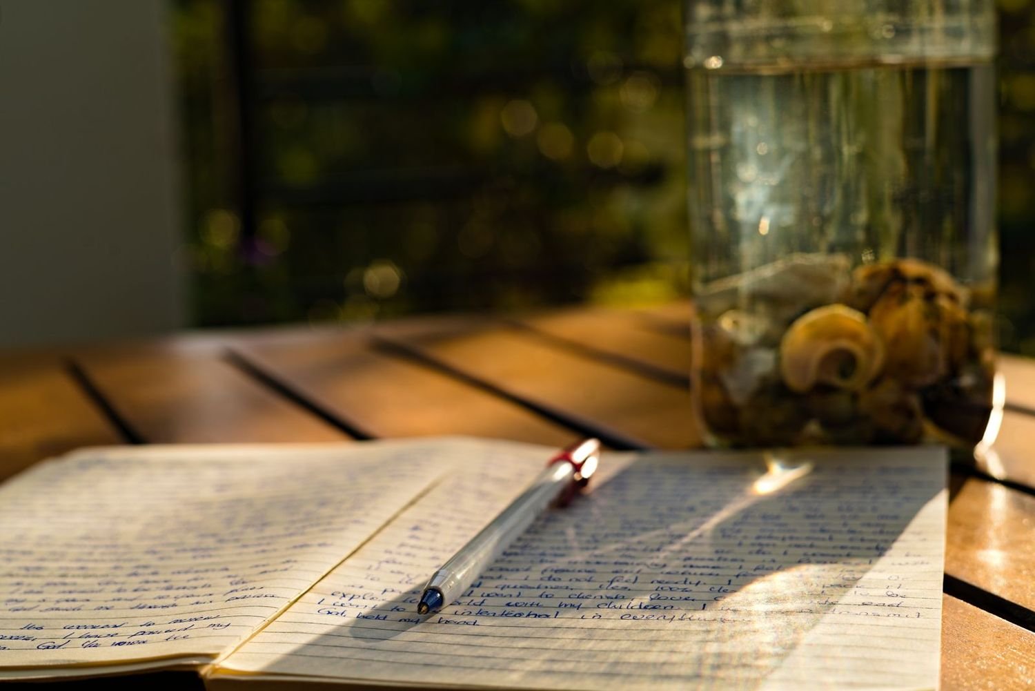 An open handwritten notebook and pen on a sunlit table