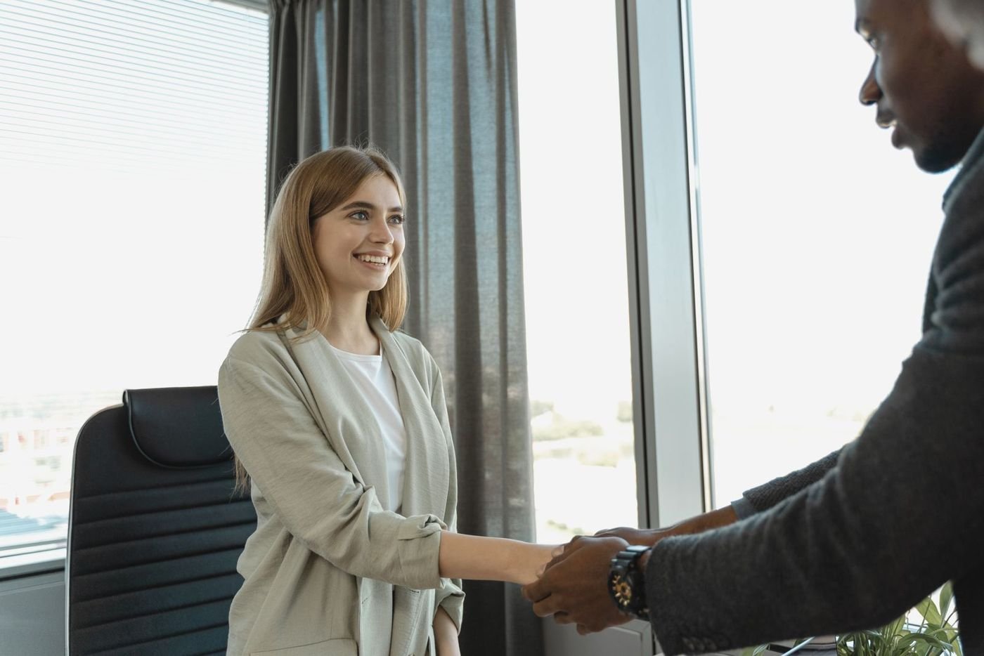 Two professionals shaking hands in an office